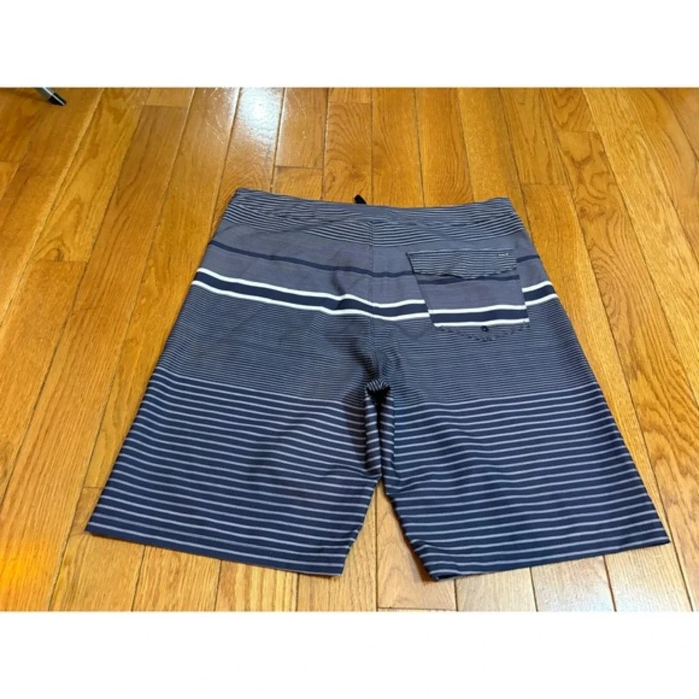 Hurley Mens Board Shorts Size‎ 32 Navy Blue Grey Striped Swim Trunks Logo Surf